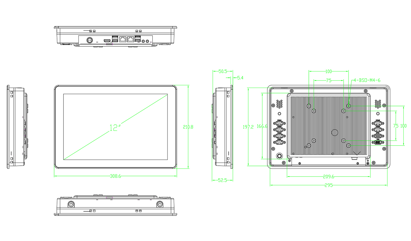 Dimension of 12 inch J1900 Core I3/I5/I7 Capacitive Touch Panel PC