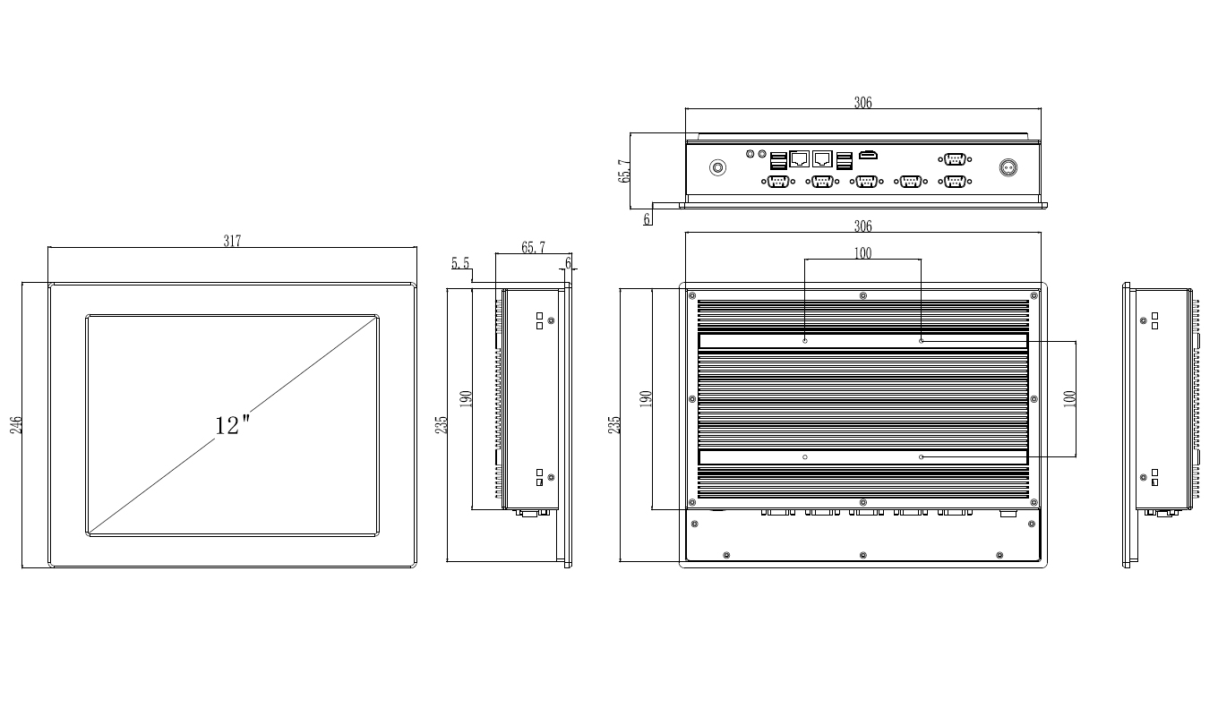 Dimension of 12 inch J1900 Core I3/I5/I7 Resistive Touch Panel PC