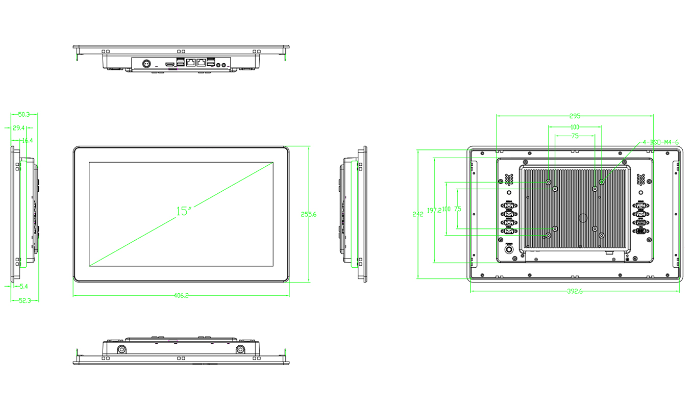 Dimension of 15 inch J1900 Core I3/I5/I7 Capacitive Touch Panel PC